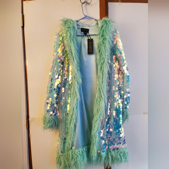 NWT XS Club Exx Dolls Kill Galactic Glamgasm Seafoam Green Sequin Faux Fur Coat - Picture 2 of 4